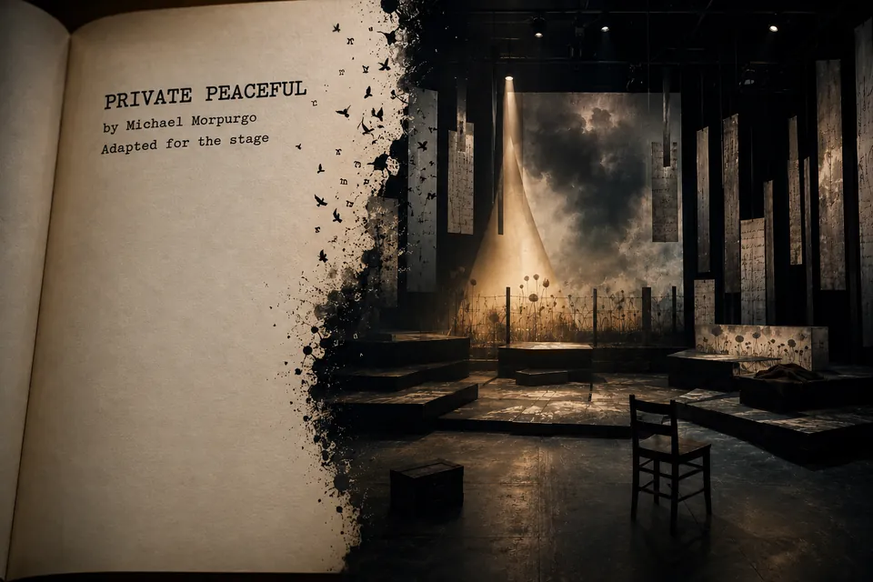 An open script titled Private Peaceful by Michael Morpurgo, adapted for the stage. The page dissolves into ink and birds that scatter onto a lit set: hanging panels, a painted sky, stepped rostra and a single wooden chair in a shaft of warm light.