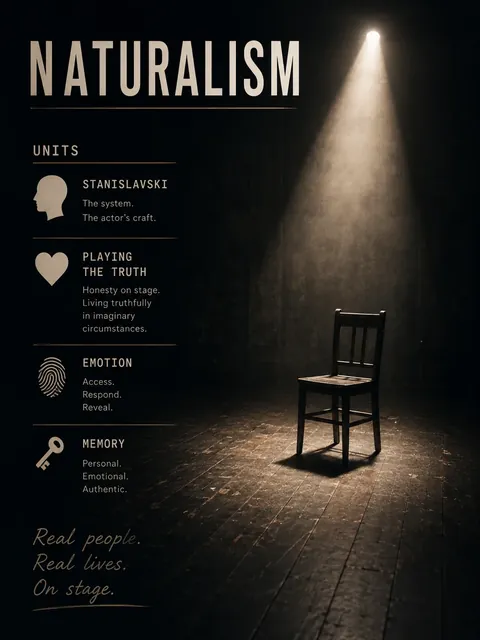 A poster headed Naturalism. A single wooden chair stands alone in a shaft of warm light on a dark stage. Beside it: Stanislavski, the system, the actor's craft. Playing the truth, honesty on stage, living truthfully in imaginary circumstances. Emotion, access, respond, reveal. Memory, personal, emotional, authentic. Real people. Real lives. On stage.
